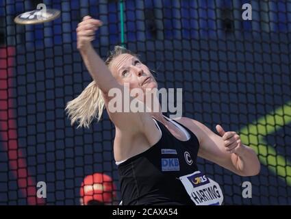 Brunswick, Germany. 09th Aug, 2020. Athletics, DM, German Championship, Eintracht Stadium: Discus Women: Julia Harting throws. Credit: Michael Kappeler/dpa/Alamy Live News Stock Photo