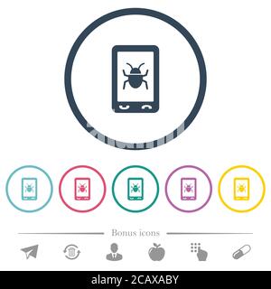 Malicious mobile software flat color icons in round outlines. 6 bonus icons included. Stock Vector