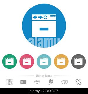 Browser remove tab flat white icons on round color backgrounds. 6 bonus icons included. Stock Vector