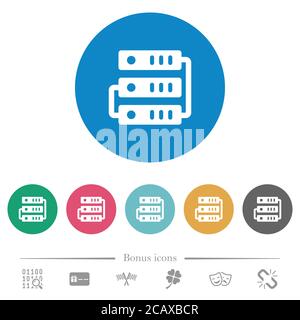 Connected servers flat white icons on round color backgrounds. 6 bonus icons included. Stock Vector