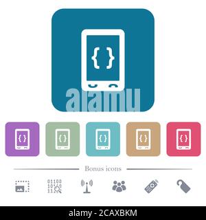 Mobile software development white flat icons on color rounded square backgrounds. 6 bonus icons included Stock Vector