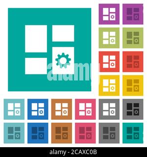 Dashboard settings multi colored flat icons on plain square backgrounds. Included white and darker icon variations for hover or active effects. Stock Vector