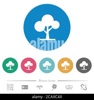 Leafy tree flat white icons on round color backgrounds. 6 bonus icons included. Stock Vector