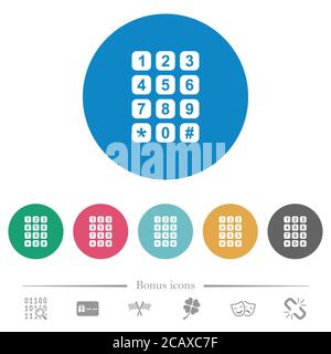 Numeric keypad flat white icons on round color backgrounds. 6 bonus icons included. Stock Vector