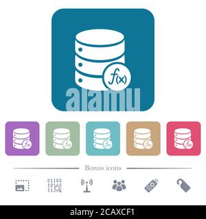 Database functions white flat icons on color rounded square backgrounds. 6 bonus icons included Stock Vector