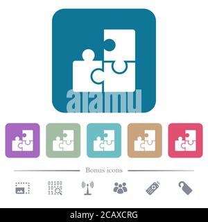 Puzzles white flat icons on color rounded square backgrounds. 6 bonus icons included Stock Vector