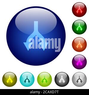 Split arrows down icons on round color glass buttons Stock Vector