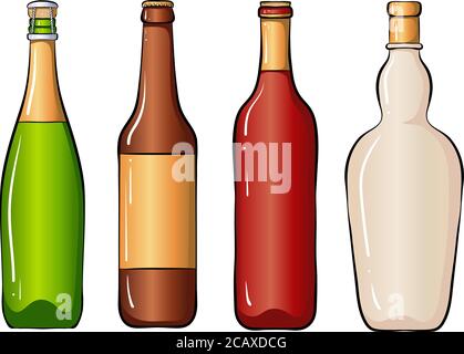 Vector illustration with various bottles for alcoholic drinks. Set isolated on a white background Stock Vector