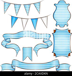Vector color illustration of hand drawn ribbons and labels. Blue geometric pattern Oktoberfest and Bavarian flag, ribbons and labels. Set isolated on a white background Stock Vector
