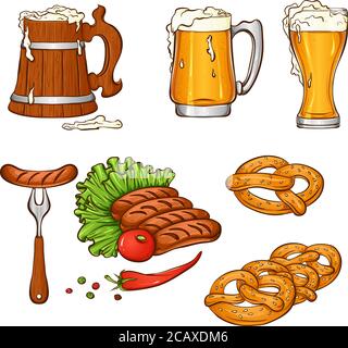 Set with traditional elements of the Oktoberfest beer festival. Hand drawn vector color illustration isolated on white background Stock Vector