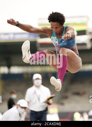 Brunswick, Germany. 09th Aug, 2020. Athletics, DM, German championship, Eintracht Stadium: Long jump women, Malaika Mihambo jumps. Credit: Michael Kappeler/dpa/Alamy Live News Stock Photo