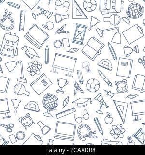 School education seamless pattern. Education symbols sketch backdrop with school supplies. Back to school icons doodle line art notebook background. Stock Vector