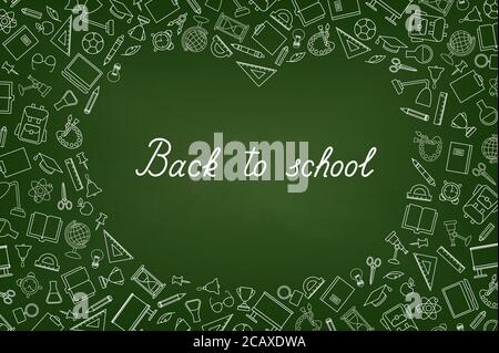 Back to School chalkboard wallpaper. Education drawn symbols pattern. School supplies icons doodle Classroom line art  background. Stock Vector