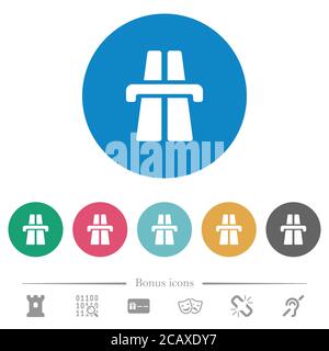 Highway flat white icons on round color backgrounds. 6 bonus icons included. Stock Vector