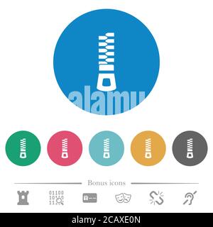 Vertical zipper flat white icons on round color backgrounds. 6 bonus icons included. Stock Vector