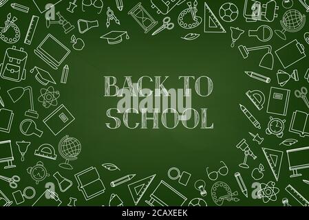 Back to School chalkboard wallpaper. Education drawn symbols pattern. School supplies icons doodle Classroom line art  background. Stock Vector