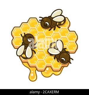 Cute cartoon bees on honeycomb piece with dripping honey. Beekeeping vector clip art illustration. Stock Vector