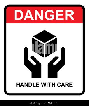 Handle with care flat icon with red danger label isolated on white background. Fragile package symbol. Label vector illustration . Stock Vector