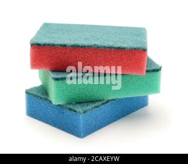 Four multicolored sponges for dishes isolated on white. Stock Photo