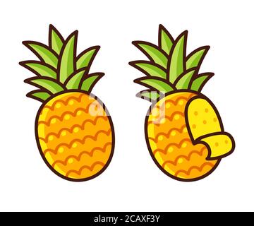 Cartoon pineapple drawing, whole and peeling. Hand drawn icon, vector clip art illustration. Stock Vector