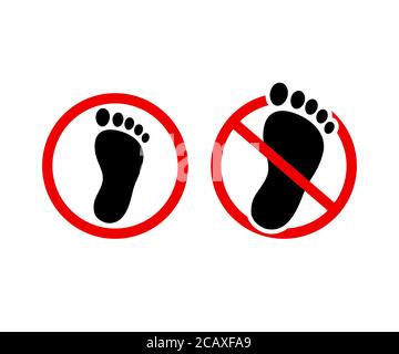 Foot outline icon, stop sign, do not step. No walking barefoot. Black human footprint silhouette in red circle, vector illustration set. Stock Vector