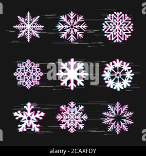 glitch snowflake icon set dark background Stock Vector
