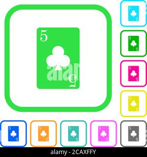 five of clubs card vivid colored flat icons in curved borders on white background Stock Vector