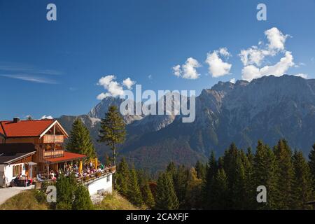 geography / travel, Germany, Bavaria, Mittenwald, Kranzberghaus with Karwendel Mountains, Mittenwald, , Additional-Rights-Clearance-Info-Not-Available Stock Photo