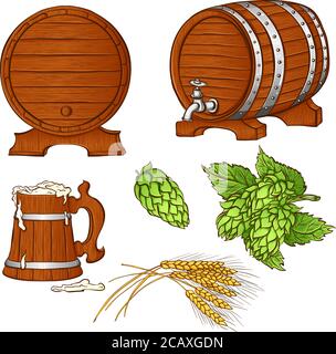 Set with traditional elements of the Oktoberfest beer festival. Brewing, beer barrels, hops, wooden mug. Hand drawn vector illustration isolated on white background Stock Vector