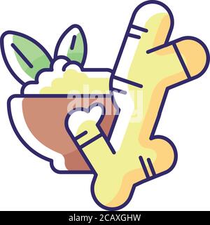 Ginger RGB color icon. Fresh ginger root. Herbal medicine. Asian seasoning. Healthy food. Chinese medicine. Kitchen spices. Traditional indian spices. Stock Vector