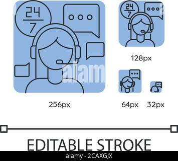 Customer service jobs blue linear icons set. 24 hours assistance, client technical support. Thin line customizable 256, 128, 64 and 32 px vector illus Stock Vector