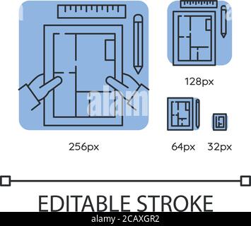 Interior designer blue linear icons set. Premises design, apartment architectural plan. Thin line customizable 256, 128, 64 and 32 px vector illustrat Stock Vector