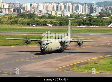 UK Royal Air Force Lockheed Martin Hercules C-130 at Porto Alegre, Brazil on the way to the Falkland Island, a British Overseas Territory. RAF C130. Stock Photo