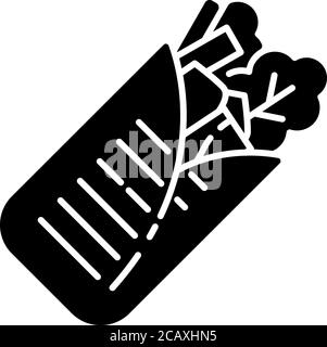 Shawarma black glyph icon. Arabian fast food. Meat wrapped with lettuce. Mexican taco. Traditional cuisine. National dish. Silhouette symbol on white Stock Vector