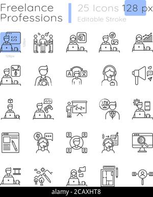 Freelance speicalist linear icons set. Creative designer work. Professional 3D modeler. Customizable thin line contour symbols. Isolated vector outlin Stock Vector