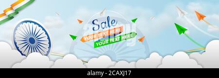 Indian Independence Day or Republic Day Sale Web Banner on Cloudy Background with Indian Tri colors flying Paper Jet Planes with Trails, Ashoka wheel Stock Vector
