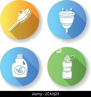 Personal eco products flat design long shadow glyph icons set. Menstrual cup, natural bath brush, reusable water bottle and organic cleaning product. Stock Vector