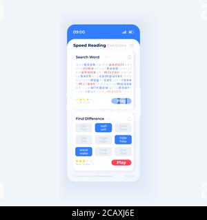 Speed reading app smartphone interface vector template. Mobile app page day mode design layout. Search word function on screen. Flat UI for applicatio Stock Vector