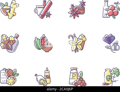 Classic spices RGB color icons set. Food seasoning. Indian spices. Cinnamon and vanilla. Mustard seeds and black pepper. Nutmeg. Traditional asian spi Stock Vector
