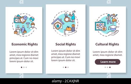 Human rights groups onboarding mobile app page screen with concepts. Economic, social and cultural rights. Walkthrough 3 steps graphic instructions. U Stock Vector