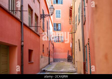 Small Streets in the old city of Nice, France. Also called “Le vieux Nice”, it is the historical centre of the city that has become the capital of the