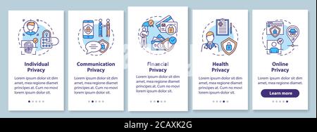 Privacy types onboarding mobile app page screen with concepts. Communication and health privacy. Walkthrough 5 steps graphic instructions. UI vector t Stock Vector