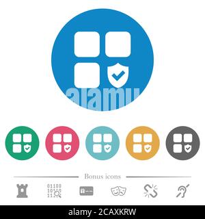 Protected component flat white icons on round color backgrounds. 6 bonus icons included. Stock Vector