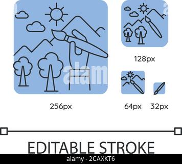 Illustrator artist blue linear icons set. Decorator, traditional art designs creator. Thin line customizable 256, 128, 64 and 32 px vector illustratio Stock Vector