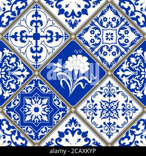 Seamless patchwork tile with Victorian motives. Majolica pottery tile, blue and white azulejo, original traditional Portuguese and Spain decor. Stock Photo