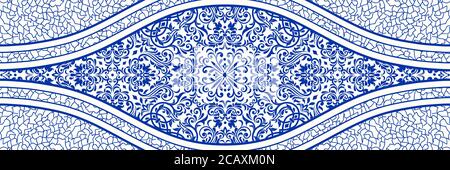 Abstract ethnic stripe pattern. Majolica pottery tile, blue and white azulejo, original traditional Portuguese and Spain decor. Stock Photo