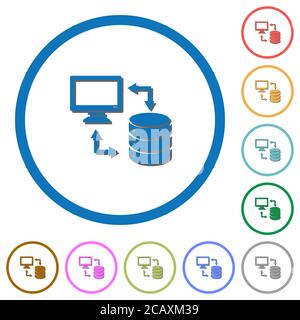 Syncronize data with database flat color vector icons with shadows in round outlines on white background Stock Vector