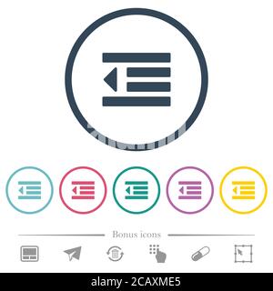 Decrease text indentation flat color icons in round outlines. 6 bonus icons included. Stock Vector