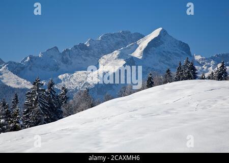 geography / travel, Germany, Bavaria, Garmisch- Partenkirchen, Alpspitze (peak) in winter, Garmisch-Pa, Additional-Rights-Clearance-Info-Not-Available Stock Photo