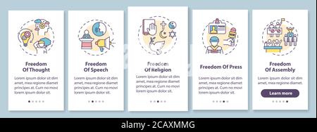 Basic human freedoms onboarding mobile app page screen with concepts. Fundamental human rights. Walkthrough 5 steps graphic instructions. UI vector te Stock Vector